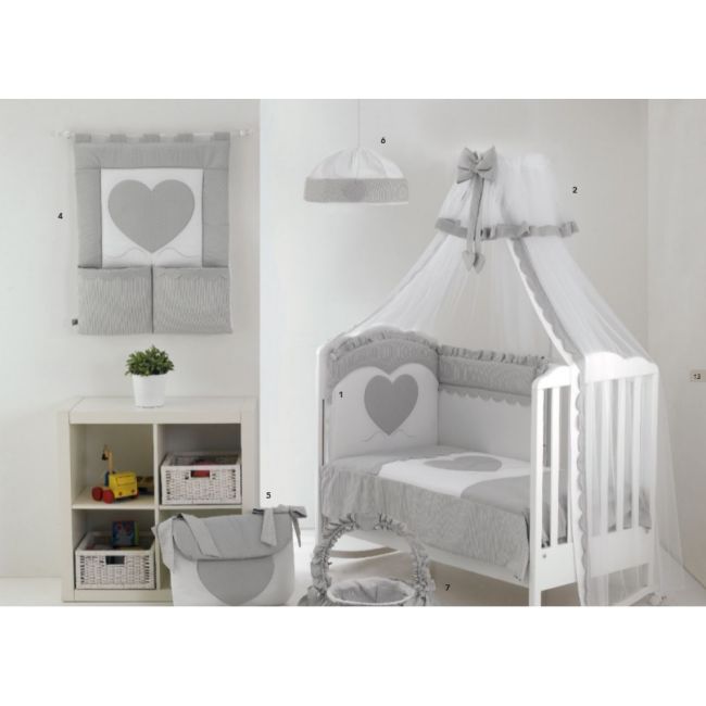 Set Lenjerie De Lux Din Bumbac Cu Broderie, Protectie Laterala, Pilota, Pentru Pat Bebelusi, Cuore Di Mamma Gri, Italia Pjblenj_cuore_grey