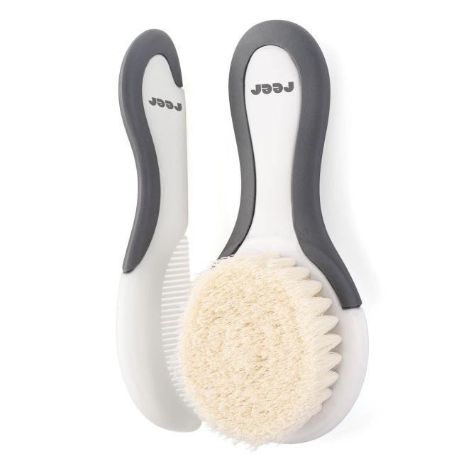 Set perie si pieptene ingrijire bebelusi, cu par natural de capra, alb cu gri, BabyCare Hair, Reer 81070
