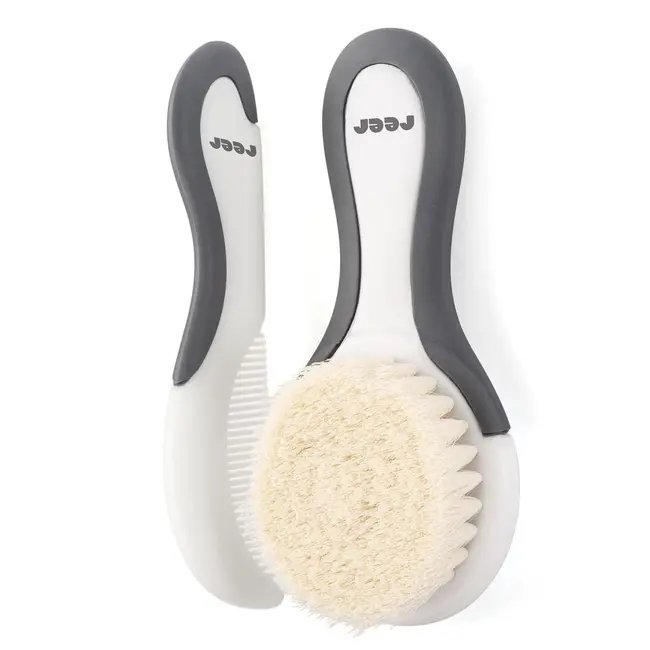 Set perie si pieptene ingrijire bebelusi, cu par natural de capra, alb cu gri, BabyCare Hair, Reer 81070
