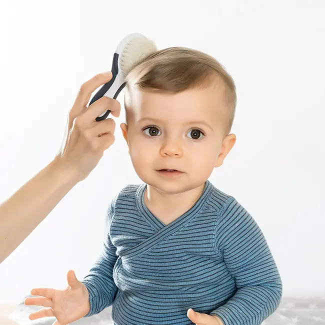 Set perie si pieptene ingrijire bebelusi, cu par natural de capra, alb cu gri, BabyCare Hair, Reer 81070