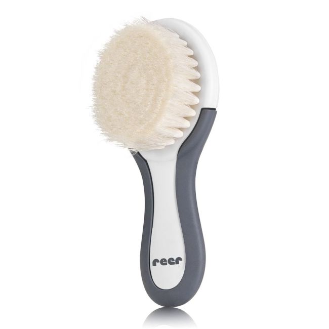 Set perie si pieptene ingrijire bebelusi, cu par natural de capra, alb cu gri, BabyCare Hair, Reer 81070