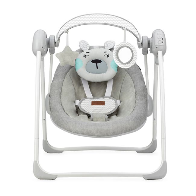 Leagan pentru bebelusi, MoMi LISS Bear, Gri/Turcoaz, 5 viteze de balansare, Cronometru, Alimentare baterii, 8 melodii, 2 jucarii incluse, Centura in 5 puncte KRTBULE00015