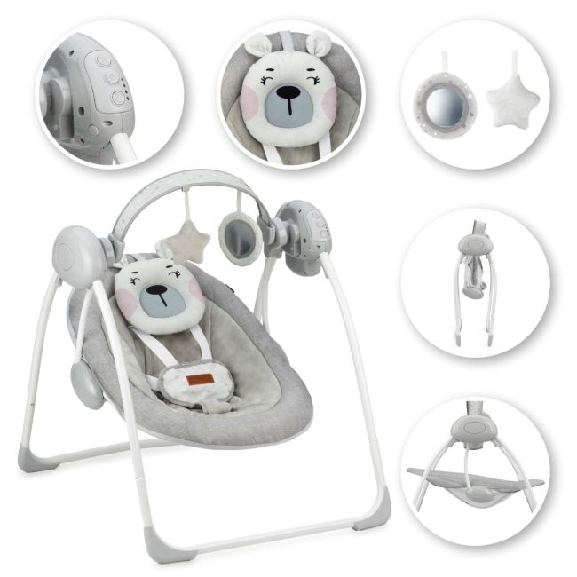 Leagan pentru bebelusi, MoMi LISS Bear Pink, 5 viteze de balansare, Cronometru, Alimentare baterii, 8 melodii, 2 jucarii incluse, Centura in 5 puncte KRTBULE00014