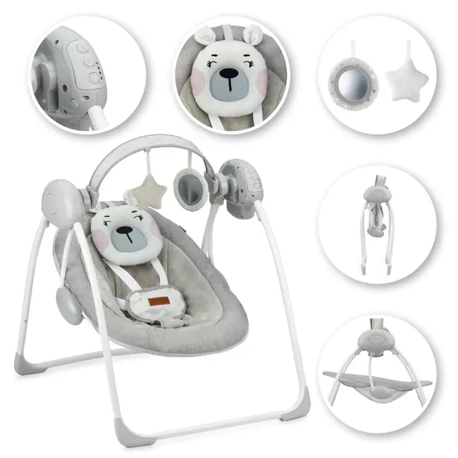 Leagan pentru bebelusi, MoMi LISS Bear Pink, 5 viteze de balansare, Cronometru, Alimentare baterii, 8 melodii, 2 jucarii incluse, Centura in 5 puncte KRTBULE00014