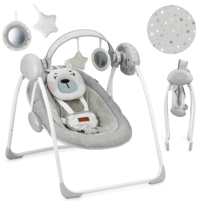 Leagan pentru bebelusi, MoMi LISS Bear Pink, 5 viteze de balansare, Cronometru, Alimentare baterii, 8 melodii, 2 jucarii incluse, Centura in 5 puncte KRTBULE00014