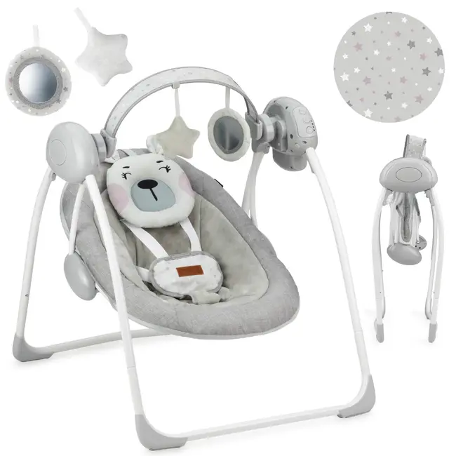 Leagan pentru bebelusi, MoMi LISS Bear Pink, 5 viteze de balansare, Cronometru, Alimentare baterii, 8 melodii, 2 jucarii incluse, Centura in 5 puncte KRTBULE00014