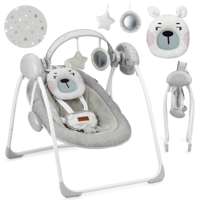Leagan pentru bebelusi, MoMi LISS Bear Pink, 5 viteze de balansare, Cronometru, Alimentare baterii, 8 melodii, 2 jucarii incluse, Centura in 5 puncte KRTBULE00014