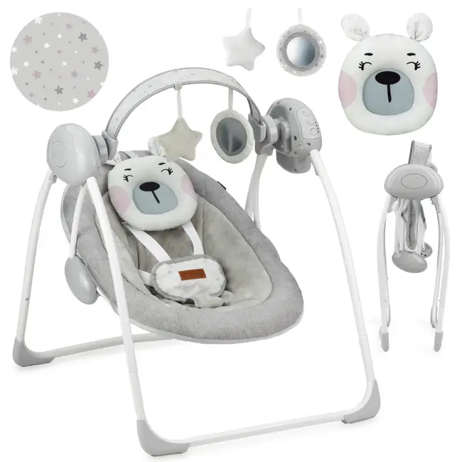 Leagan pentru bebelusi, MoMi LISS Bear Pink, 5 viteze de balansare, Cronometru, Alimentare baterii, 8 melodii, 2 jucarii incluse, Centura in 5 puncte KRTBULE00014