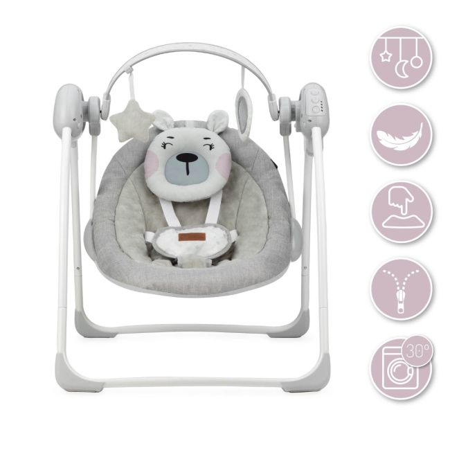 Leagan pentru bebelusi, MoMi LISS Bear Pink, 5 viteze de balansare, Cronometru, Alimentare baterii, 8 melodii, 2 jucarii incluse, Centura in 5 puncte KRTBULE00014