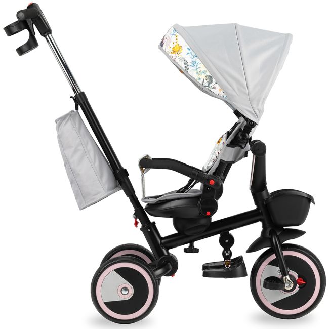 Tricicleta 5 in 1, MoMi INVIDIA Love, Scaun rotativ 360°, Spatar reglabil, Maner telescopic, Centura in 5 puncte, Pliabila, Suport pahare, Tapiterie usor de curatat KRTROTR00001