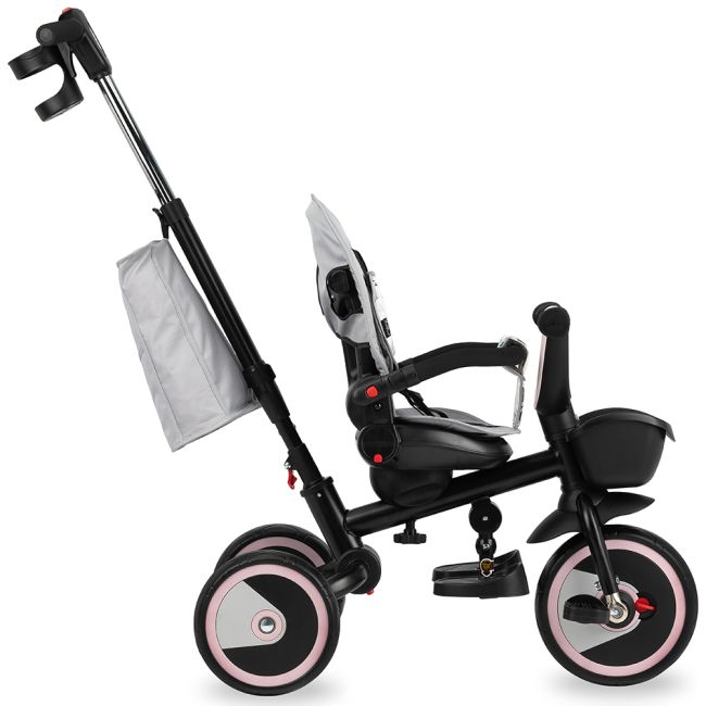 Tricicleta 5 in 1, MoMi INVIDIA Love, Scaun rotativ 360°, Spatar reglabil, Maner telescopic, Centura in 5 puncte, Pliabila, Suport pahare, Tapiterie usor de curatat KRTROTR00001