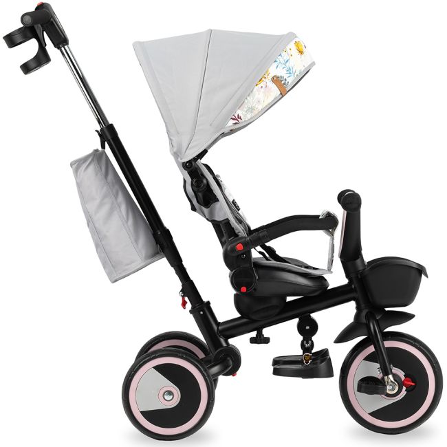 Tricicleta 5 in 1, MoMi INVIDIA Love, Scaun rotativ 360°, Spatar reglabil, Maner telescopic, Centura in 5 puncte, Pliabila, Suport pahare, Tapiterie usor de curatat KRTROTR00001