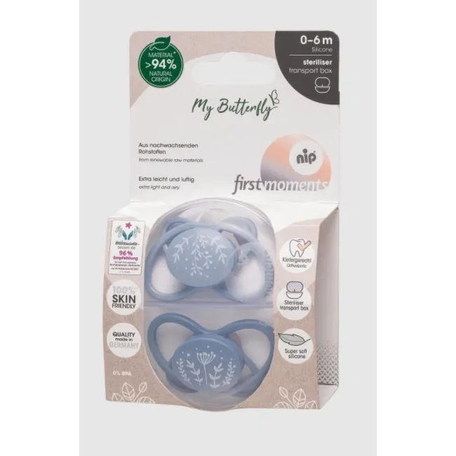 Set 2 Suzete MyButterfly din silicon, forma anatomica, simetrica, tetina ortodontica flexibila, cu cutie de transport si sterilizare, 0 - 6 luni, nip first moments 31610