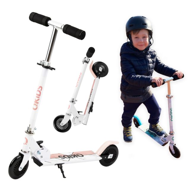 Trotineta copii, QKIDS, FLO Pink, Rulmenti ABEC-9, Roti poliuretan 85A, Ghidon T-shape, Platforma anti-derapanta, Defender brake, Aluminiu KRTHUBA00013