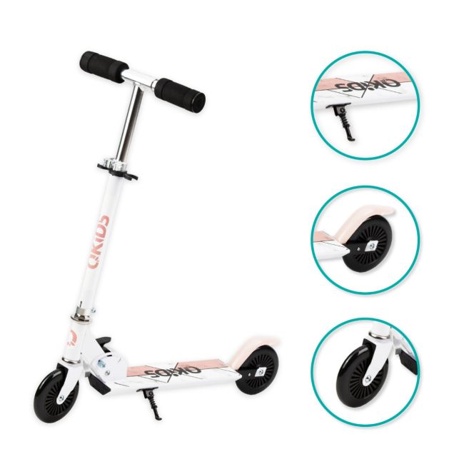 Trotineta copii, QKIDS, FLO Pink, Rulmenti ABEC-9, Roti poliuretan 85A, Ghidon T-shape, Platforma anti-derapanta, Defender brake, Aluminiu KRTHUBA00013