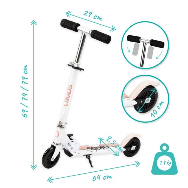 Trotineta copii, QKIDS, FLO Pink, Rulmenti ABEC-9, Roti poliuretan 85A, Ghidon T-shape, Platforma anti-derapanta, Defender brake, Aluminiu KRTHUBA00013