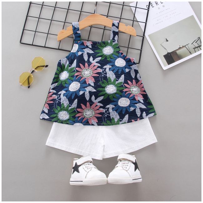 Costumas pentru fetite - Flori colorate pe fond bleumarine MDW-132-2