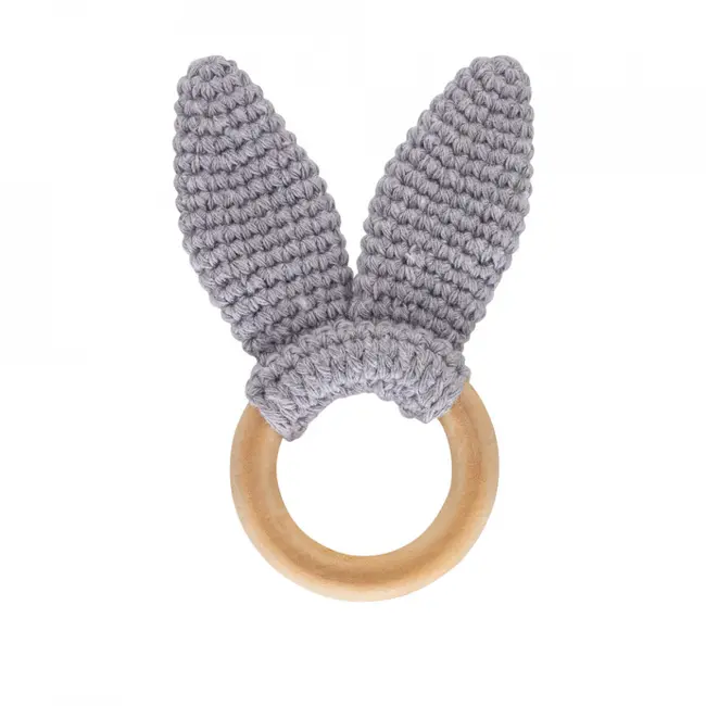 Jucarie dentitie din bumbac cu inel din lemn BabyJem Amigurumi (Culoare: Gri) JEMbj_6511