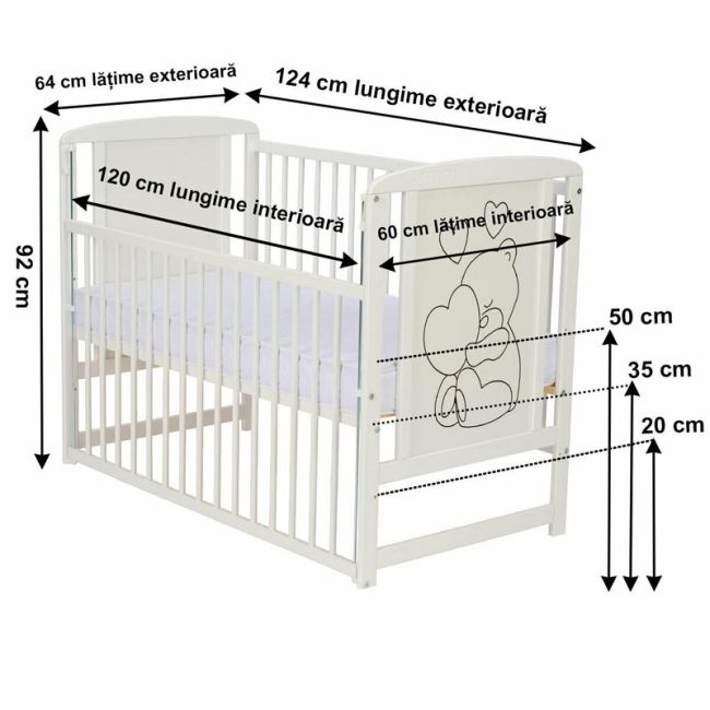 Qmini- Patut din lemn Timmi Heart 120x60 cm, Cu laterala culisanta, Din lemn de pin, MDF, Somiera reglabila, Alb + Saltea 10 cm BYNQMTIMH10CM03AL