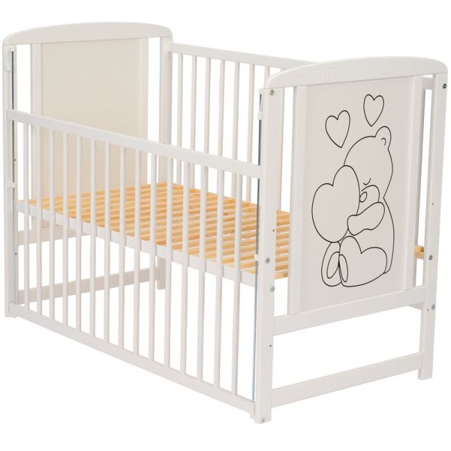 Qmini- Patut din lemn Timmi Heart 120x60 cm, Cu laterala culisanta, Din lemn de pin, MDF, Somiera reglabila, Alb + Saltea 8 cm BYNQMTIMH8CM03AL