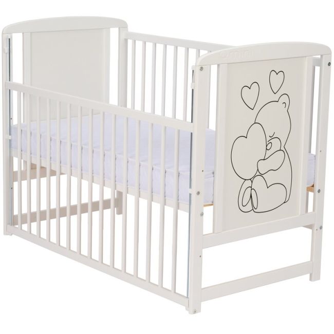 Qmini- Patut din lemn Timmi Heart 120x60 cm, Cu laterala culisanta, Din lemn de pin, MDF, Somiera reglabila, Alb + Saltea 8 cm BYNQMTIMH8CM03AL