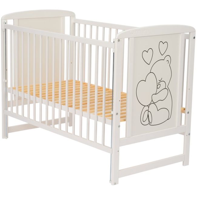 Qmini- Patut din lemn Timmi Heart 120x60 cm, Cu laterala culisanta, Din lemn de pin, MDF, Somiera reglabila, Alb + Saltea 8 cm BYNQMTIMH8CM03AL