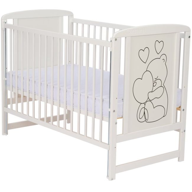 Qmini- Patut din lemn Timmi Heart 120x60 cm, Cu laterala culisanta, Din lemn de pin, MDF, Somiera reglabila, Alb + Saltea 8 cm BYNQMTIMH8CM03AL