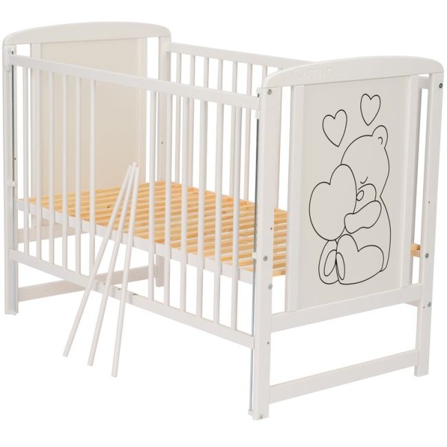 Qmini- Patut din lemn Timmi Heart 120x60 cm, Cu laterala culisanta, Din lemn de pin, MDF, Somiera reglabila, Alb + Saltea 8 cm BYNQMTIMH8CM03AL