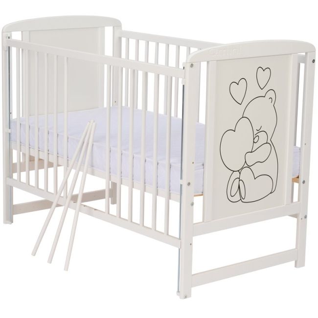 Qmini- Patut din lemn Timmi Heart 120x60 cm, Cu laterala culisanta, Din lemn de pin, MDF, Somiera reglabila, Alb + Saltea 8 cm BYNQMTIMH8CM03AL