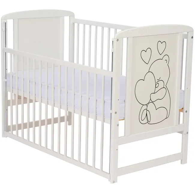 Qmini- Patut din lemn Timmi Heart 120x60 cm, Cu laterala culisanta, Din lemn de pin, MDF, Somiera reglabila, Alb BYNQMTIMH03AL