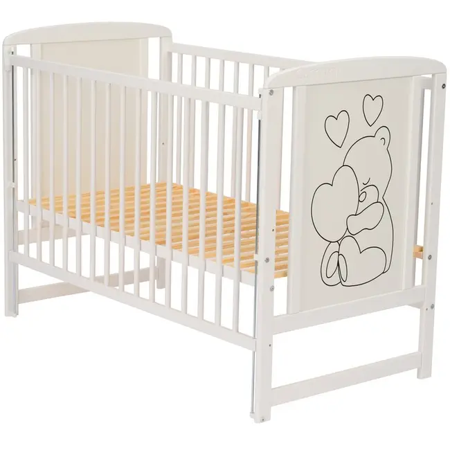 Qmini- Patut din lemn Timmi Heart 120x60 cm, Cu laterala culisanta, Din lemn de pin, MDF, Somiera reglabila, Alb BYNQMTIMH03AL