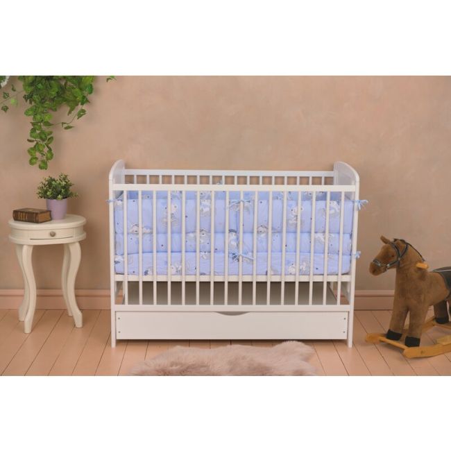Qmini- Patut din lemn Timmi Heart 120x60 cm, Cu sertar, Din lemn de pin, MDF, Somiera reglabila, Alb + Saltea 10 cm BYNQMTIMH10CM02AL