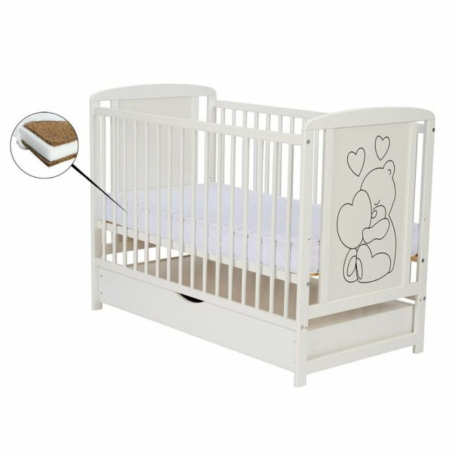 Qmini- Patut din lemn Timmi Heart 120x60 cm, Cu sertar, Din lemn de pin, MDF, Somiera reglabila, Alb + Saltea 8 cm BYNQMTIMH8CM02AL