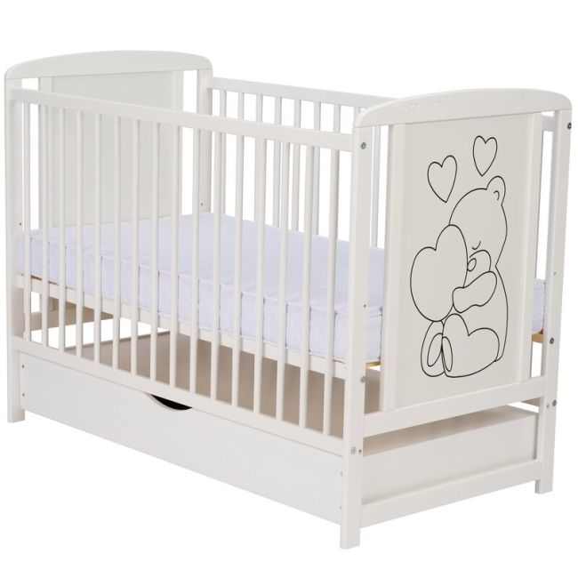 Qmini- Patut din lemn Timmi Heart 120x60 cm, Cu sertar, Din lemn de pin, MDF, Somiera reglabila, Alb + Saltea 8 cm BYNQMTIMH8CM02AL