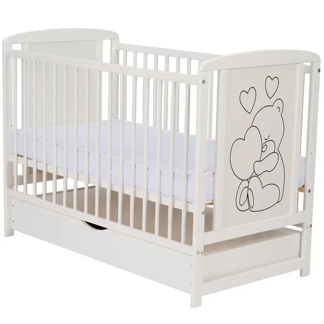 Qmini- Patut din lemn Timmi Heart 120x60 cm, Cu sertar, Din lemn de pin, MDF, Somiera reglabila, Alb BYNQMTIMH02AL