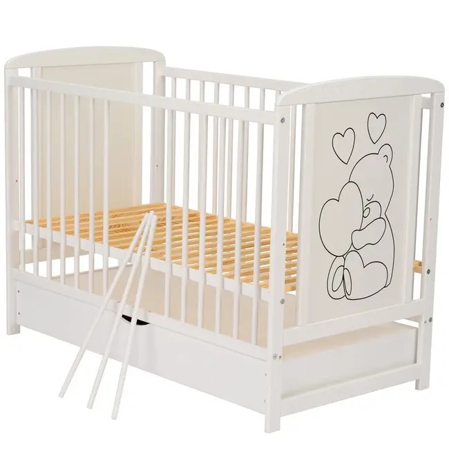 Qmini- Patut din lemn Timmi Heart 120x60 cm, Cu sertar, Din lemn de pin, MDF, Somiera reglabila, Alb BYNQMTIMH02AL