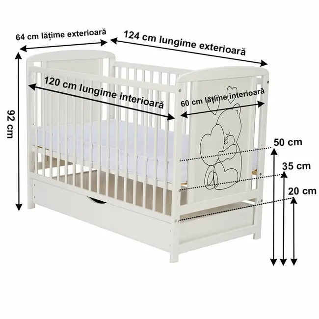 Qmini- Patut din lemn Timmi Heart 120x60 cm, Cu sertar, Din lemn de pin, MDF, Somiera reglabila, Alb BYNQMTIMH02AL
