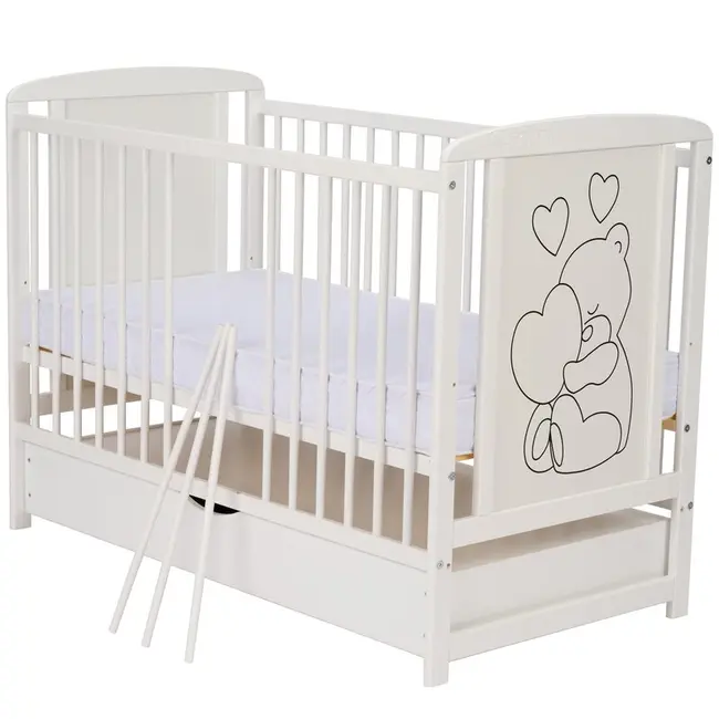 Qmini- Patut din lemn Timmi Heart 120x60 cm, Cu sertar, Din lemn de pin, MDF, Somiera reglabila, Alb BYNQMTIMH02AL