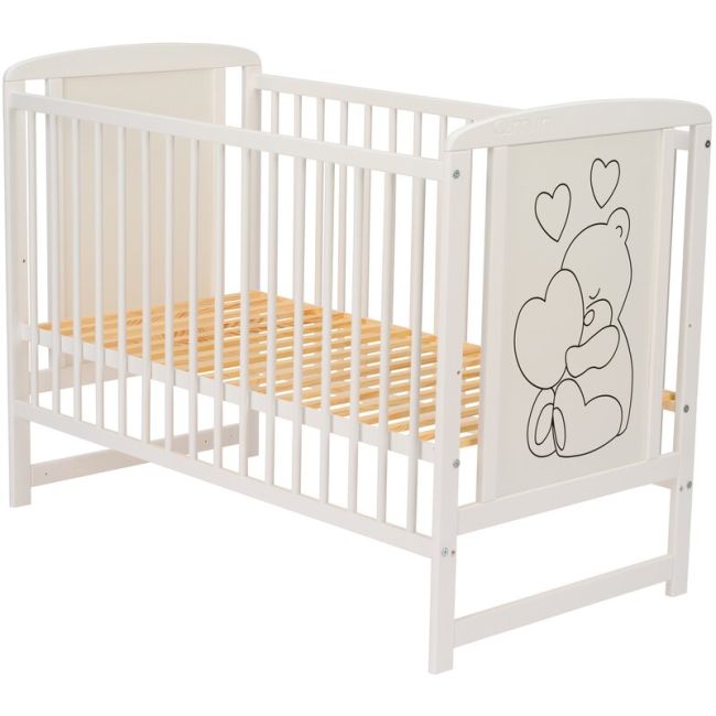 Qmini- Patut din lemn Timmi Heart 120x60 cm, Din lemn de pin, MDF, Somiera reglabila, Alb + Saltea 12 cm BYNQMTIMH12CM01AL