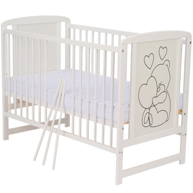 Qmini- Patut din lemn Timmi Heart 120x60 cm, Din lemn de pin, MDF, Somiera reglabila, Alb + Saltea 12 cm BYNQMTIMH12CM01AL