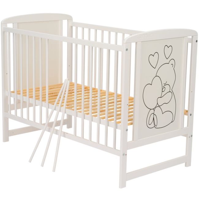 Qmini- Patut din lemn Timmi Heart 120x60 cm, Din lemn de pin, MDF, Somiera reglabila, Alb + Saltea 12 cm BYNQMTIMH12CM01AL