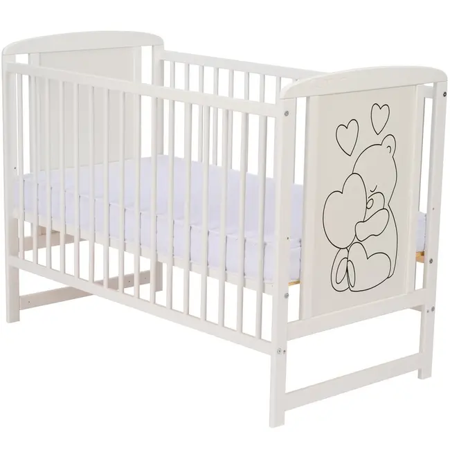 Qmini- Patut din lemn Timmi Heart 120x60 cm, Din lemn de pin, MDF, Somiera reglabila, Alb BYNQMTIMH01AL