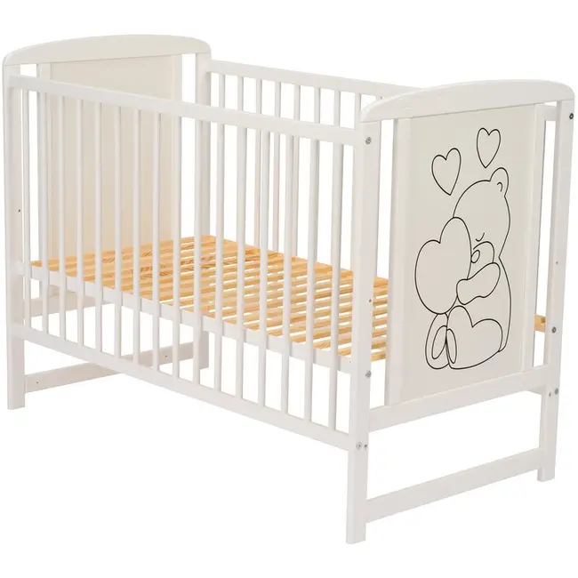 Qmini- Patut din lemn Timmi Heart 120x60 cm, Din lemn de pin, MDF, Somiera reglabila, Alb BYNQMTIMH01AL
