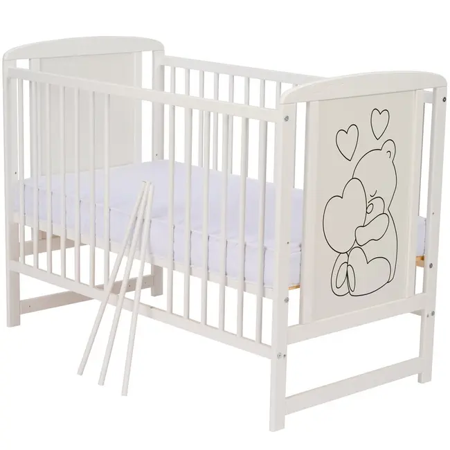 Qmini- Patut din lemn Timmi Heart 120x60 cm, Din lemn de pin, MDF, Somiera reglabila, Alb BYNQMTIMH01AL