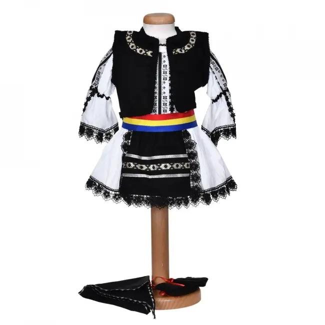 Costum popular botez pentru fetite, 6 piese, broderie neagra, brau tricolor, Denikos&reg; 1025 NIK5560
