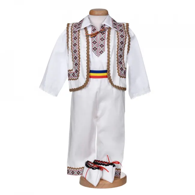 Costum traditional baietel, 5 piese, alb - maro, Denikos&reg; 1012 NIK5547