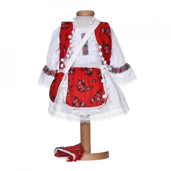 Costum traditional botez pentru fetite, 5 piese, broderie rosie, Denikos&reg; 1026 NIK5561