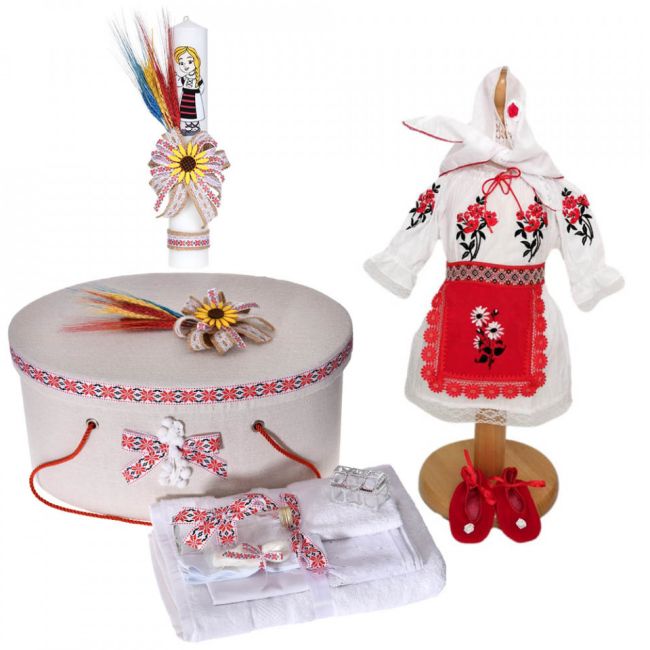 Set costum rochita traditionala fete cu trusou botez si cutie trusou cu lumanare decor rustic Denikos® C9101 NIK5474