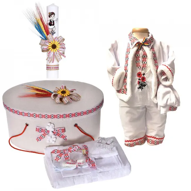 Set botez national Baiat trusou botez cu lumanare si costum popular Denikos&reg; C9097 si cutie trusou NIK5470