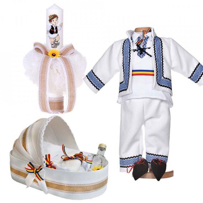 Set botez national baieti cu trusou botez landou si lumanare Denikos® 1048 cu costum popular NIK5508